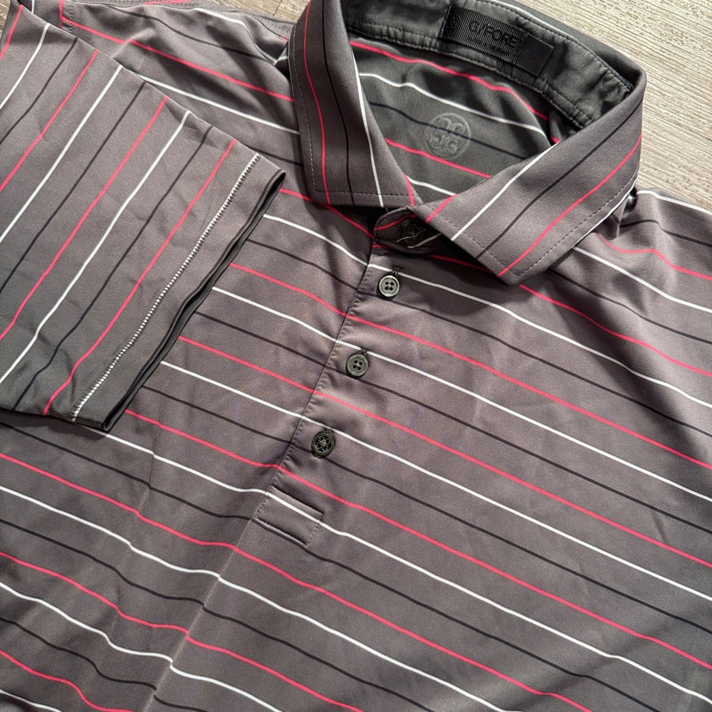 G/FORE Golf Polo Shirt Mens M Gray Striped Performance Luxury Athletic Outdoor